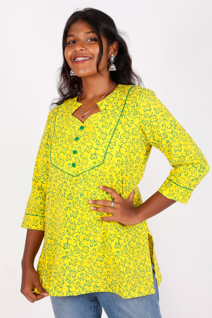 Yellow Gamthi Print Cotton Short Top