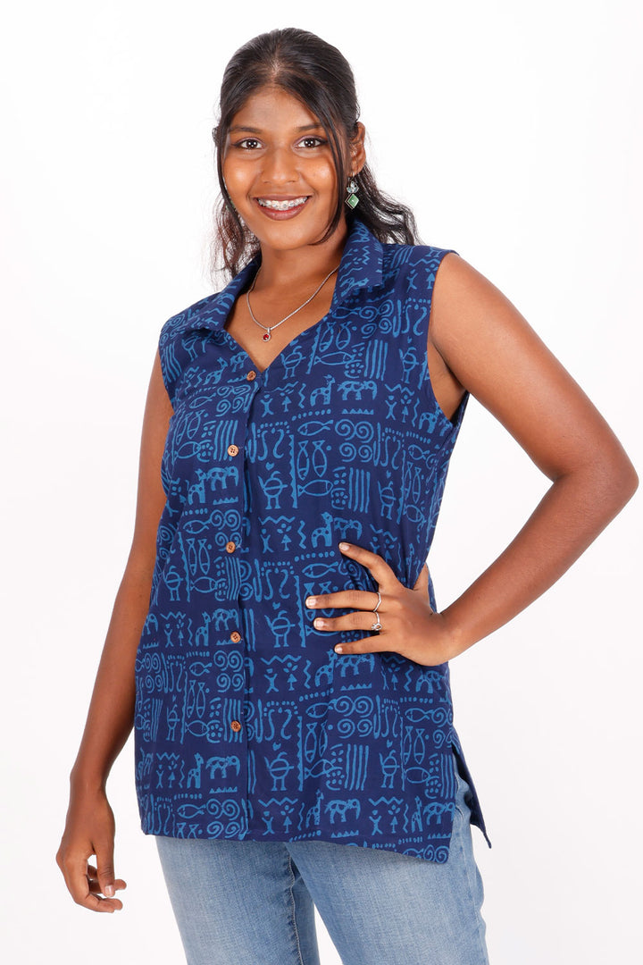 Blue Gamthi Print Cotton Kurti 