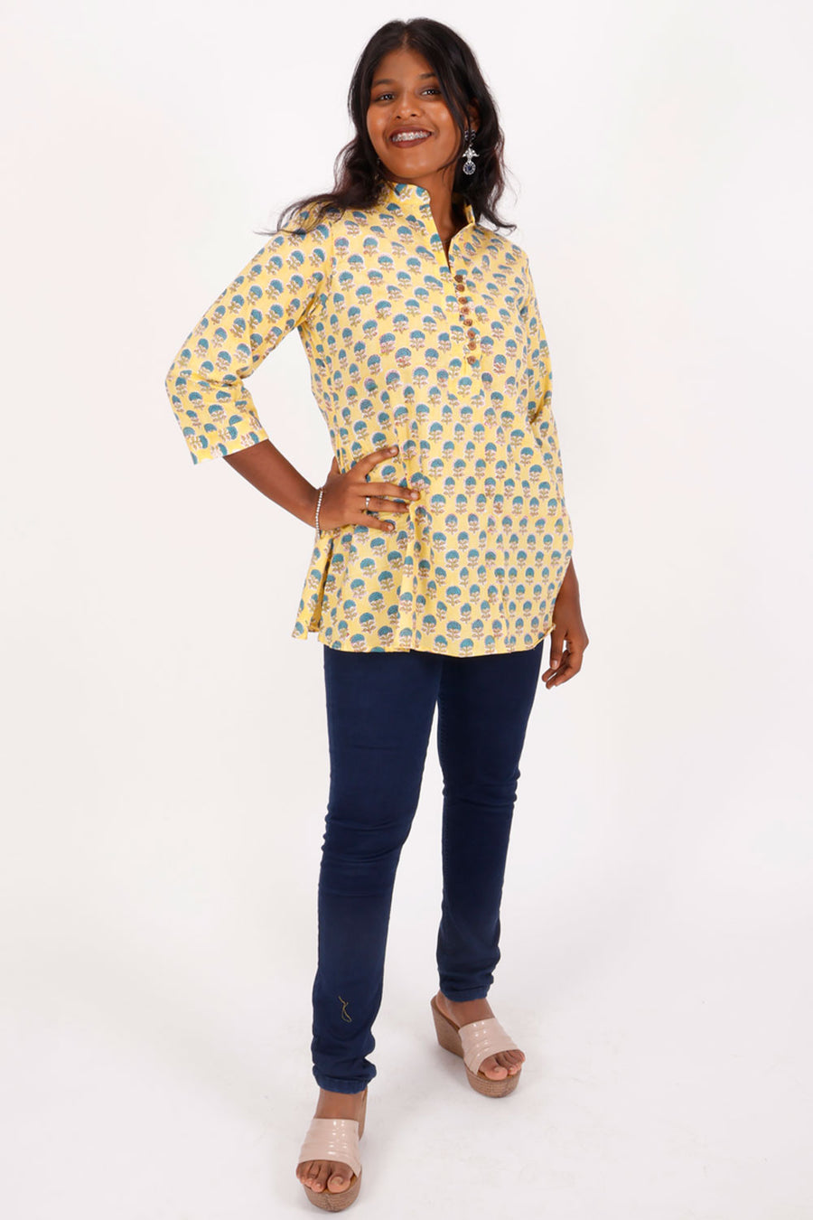 Yellow Hand Block Printed Kurti