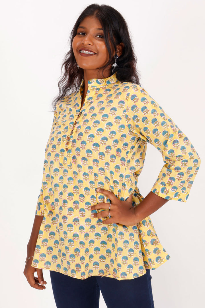 Yellow Hand Block Printed Kurti