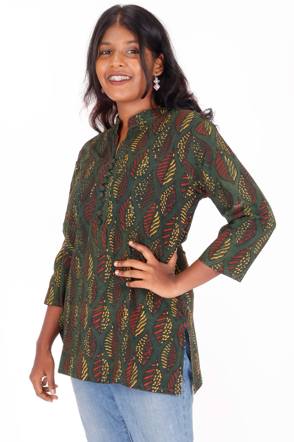 Green Ajrakh Printed Cotton Kurti