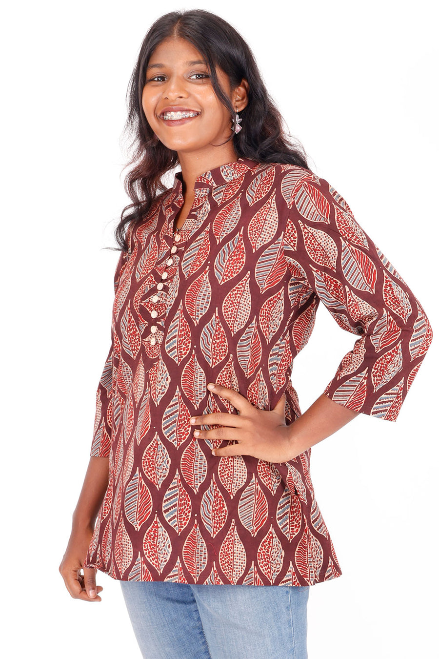 Brown Ajrakh Printed Cotton Kurti