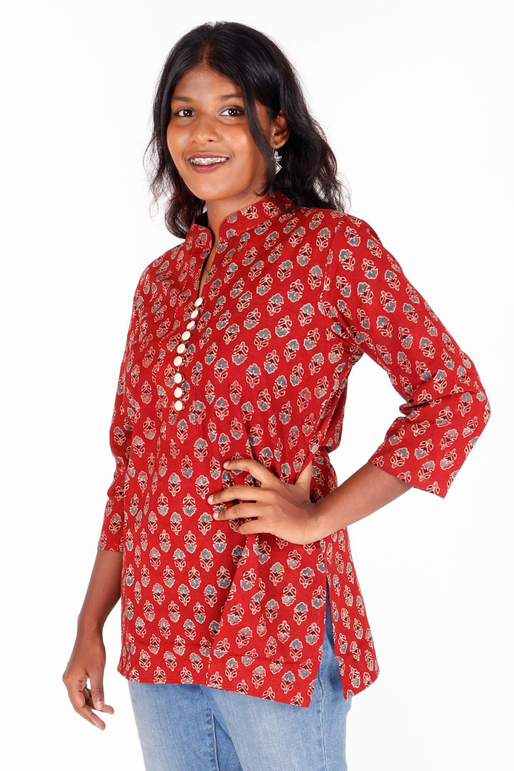 Red Ajrakh Printed Cotton Kurti