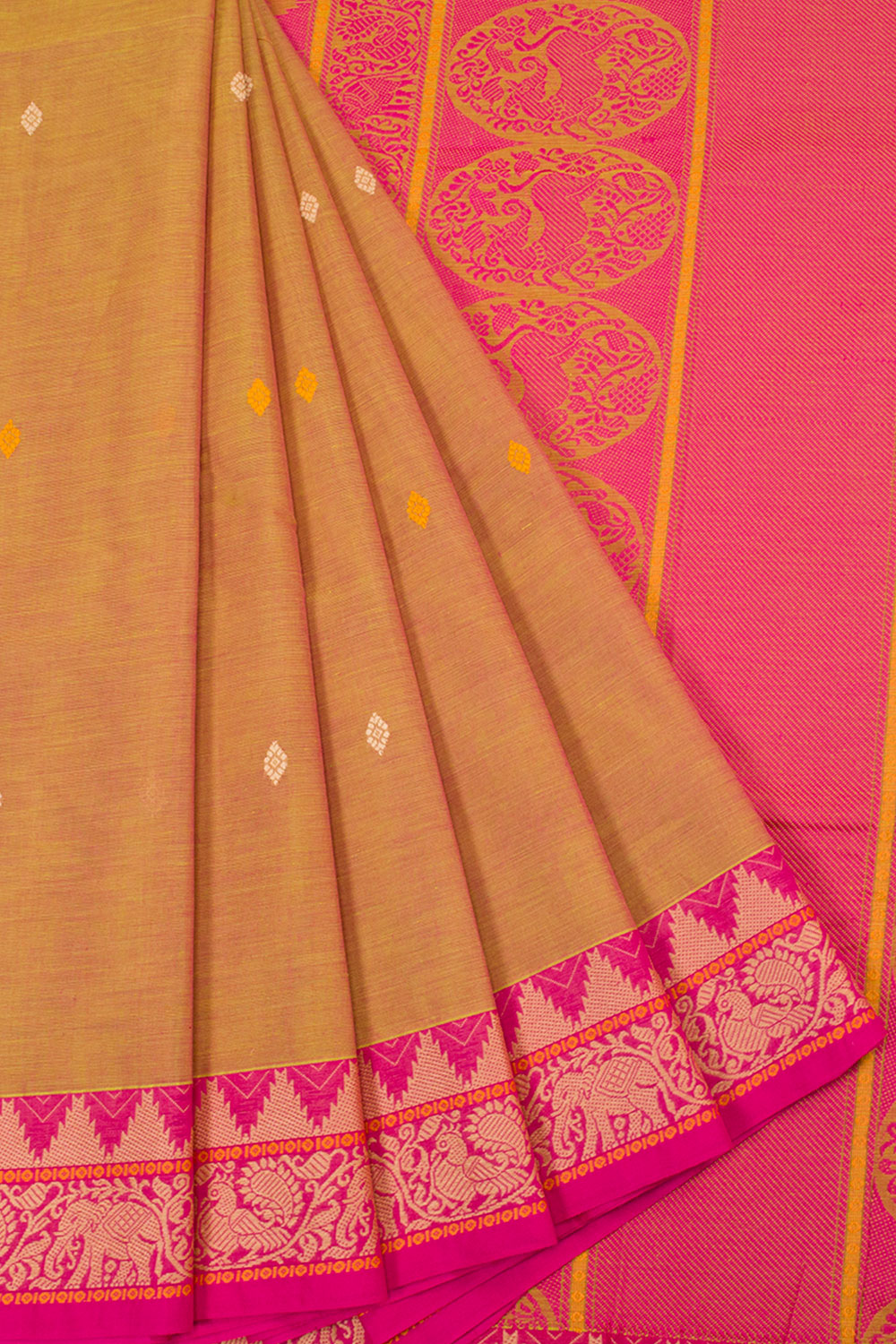 Peachish Yellow Handwoven Kanchi Cotton Saree 10063469