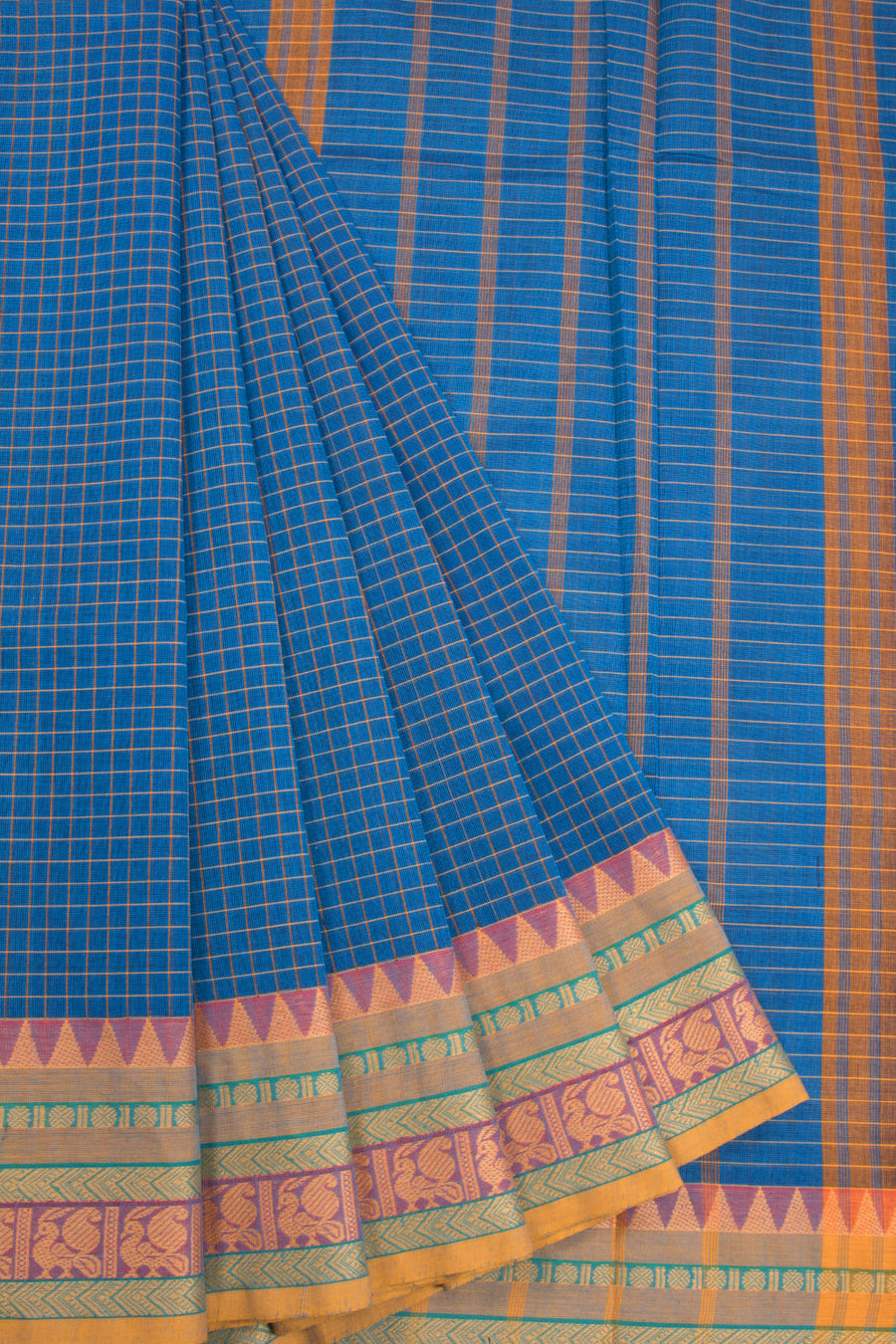 Blue Handwoven Kanchi Cotton Saree Without Blouse 10070910 - Avishya