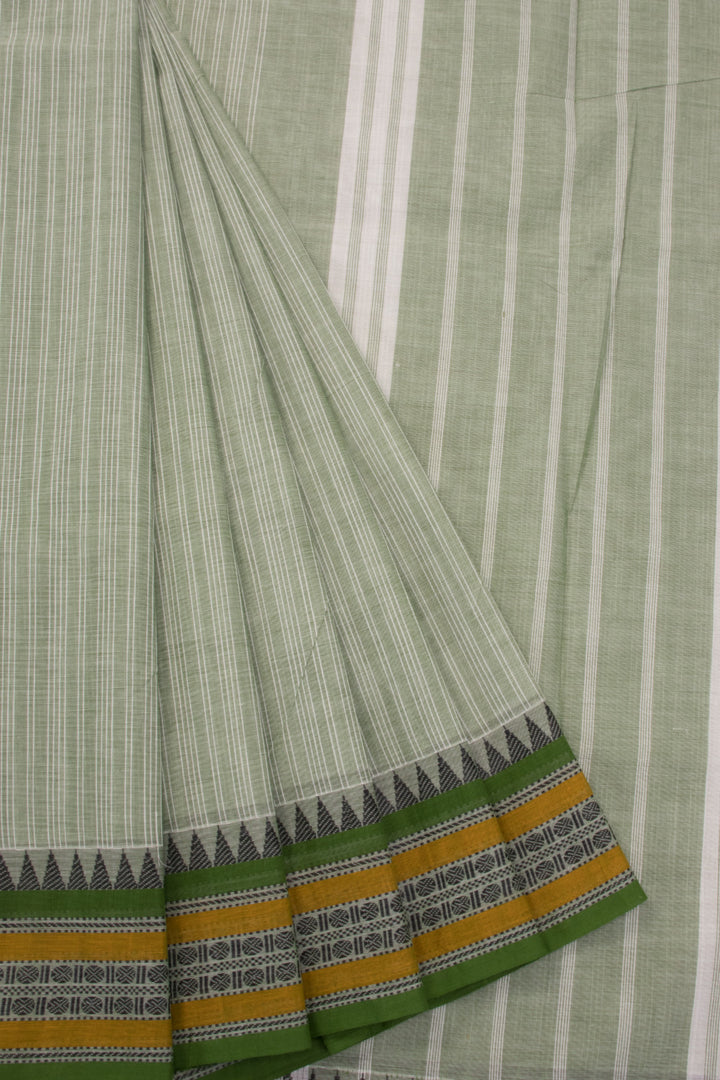 Laurel Green Handwoven Kanchi Cotton Saree Without Blouse