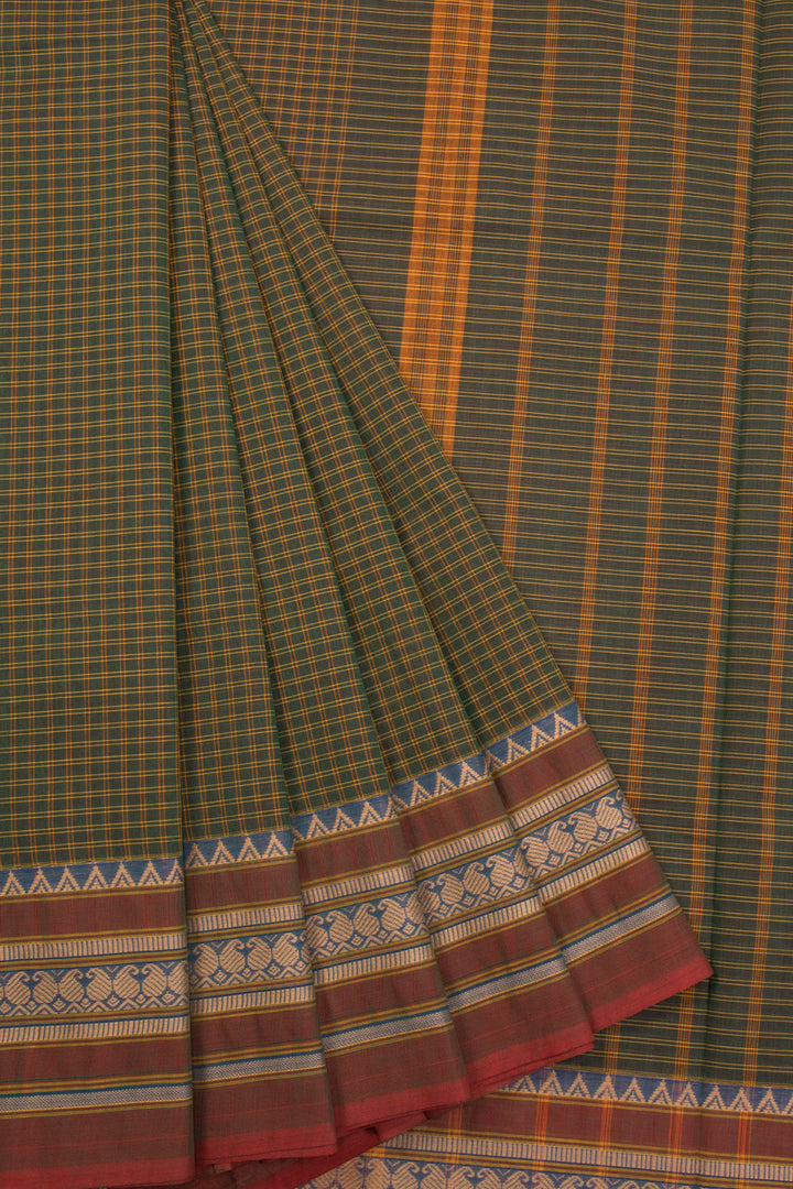 Dark Olive Green Handwoven Kanchi Cotton Saree Without Blouse