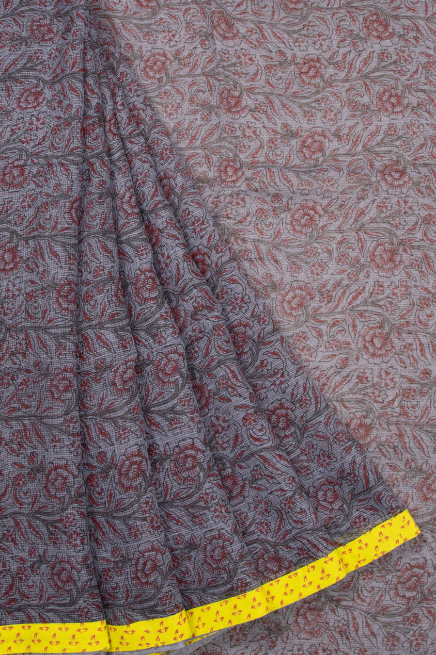 Grey Hand Block Printed Kota Cotton Saree Without Blouse