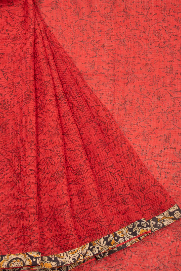 Red Hand Block Printed Kota Cotton Saree Without Blouse