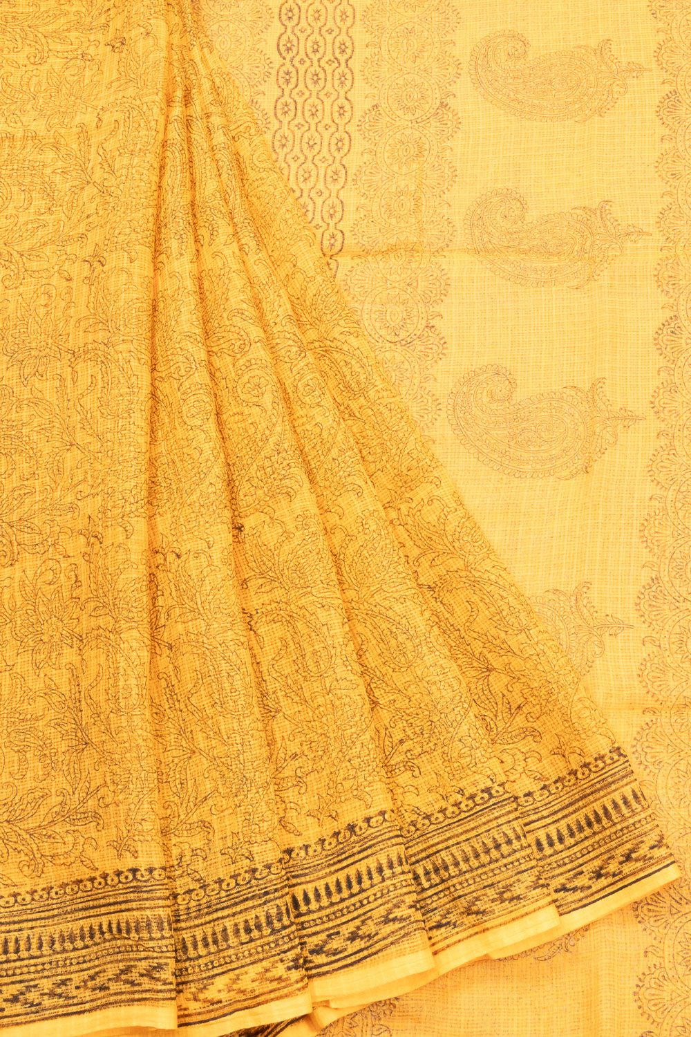 Yellow Hand Block Printed Kota Cotton Saree Without Blouse