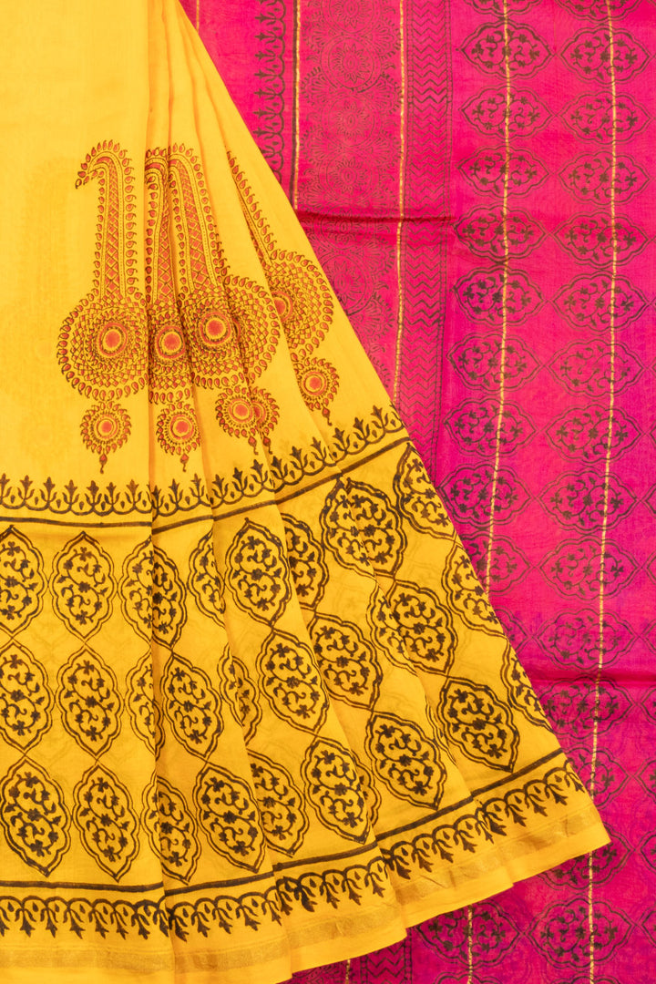 Yellow Printed Chanderi Silk Cotton Saree