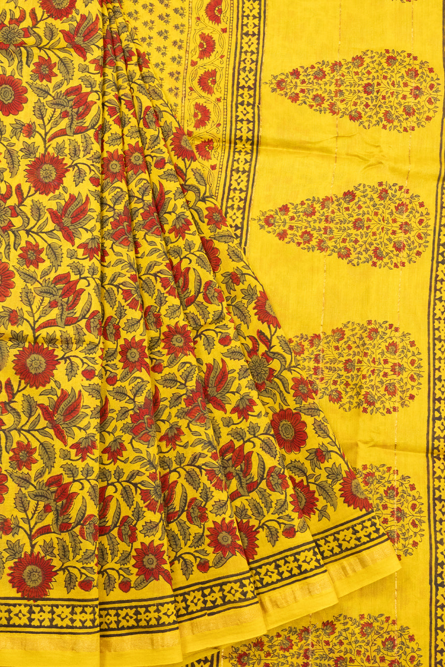 Yellow Printed Chanderi Silk Cotton Saree