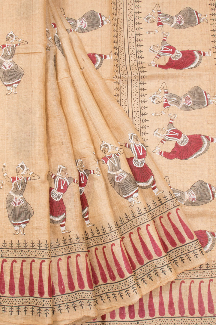 Beige Hand Block Printed Tussar Silk Saree 10072553