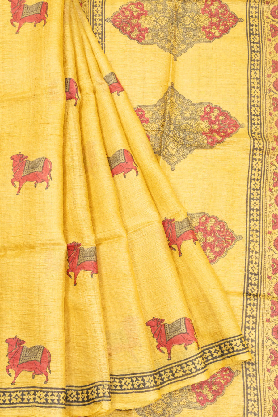 Yellow Hand Block Printed Tussar Silk Saree 