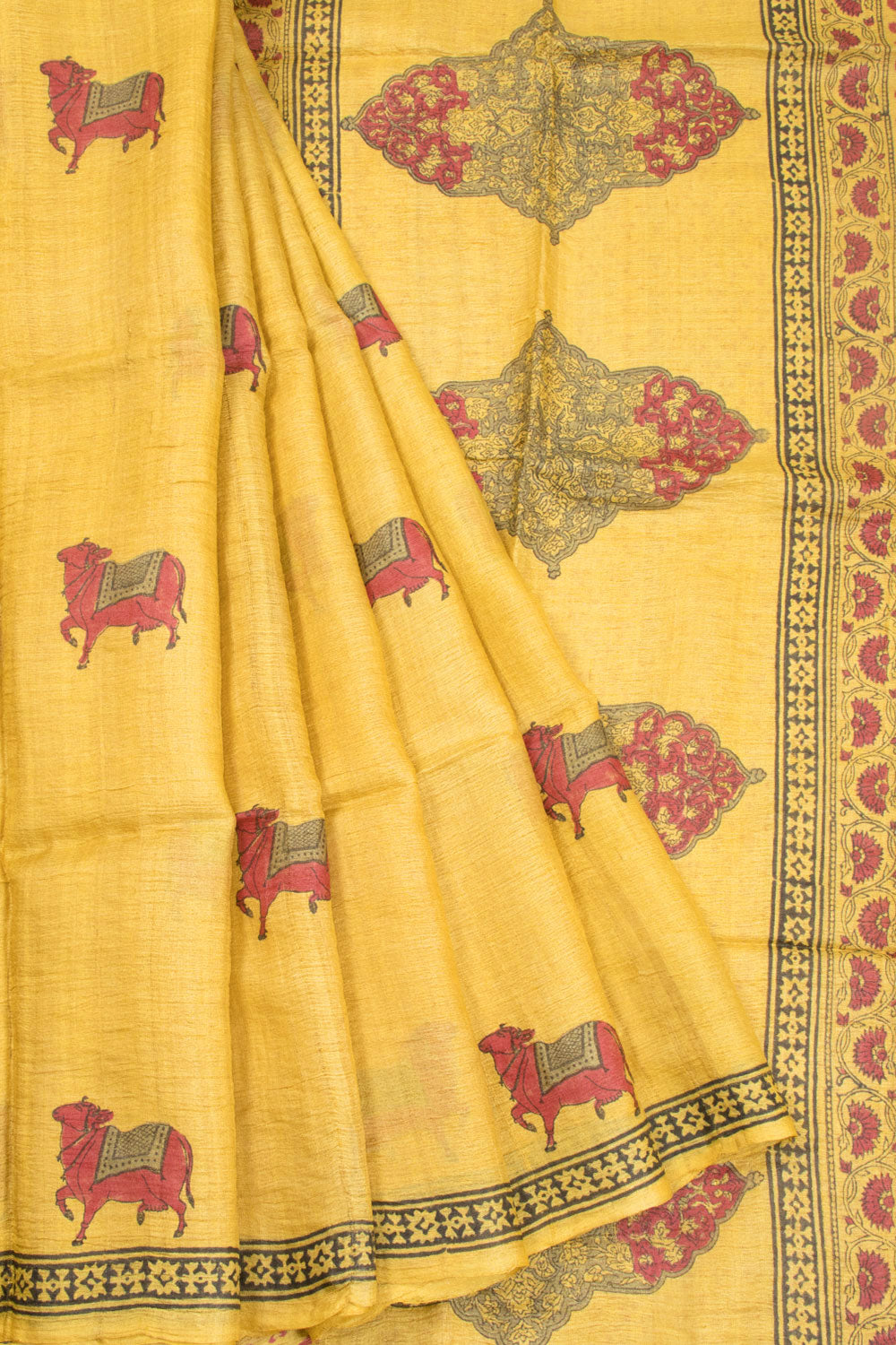 Yellow Hand Block Printed Tussar Silk Saree 10072554