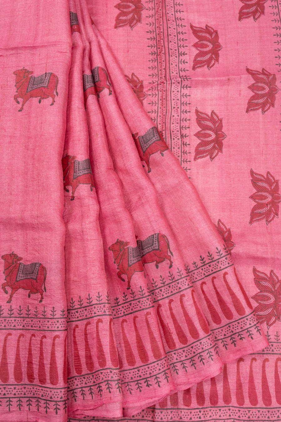 Pink Hand Block Printed Tussar Silk Saree