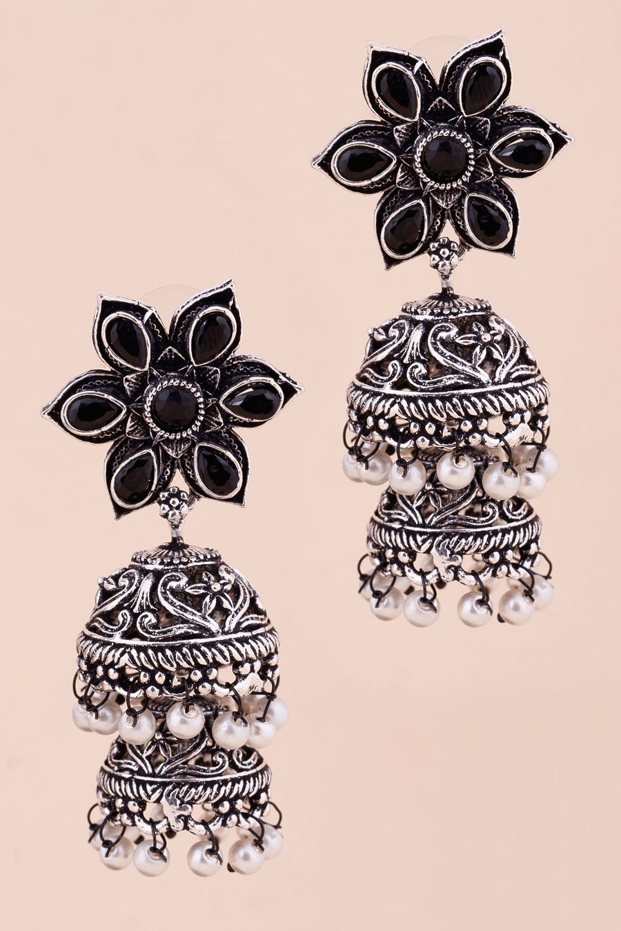 Oxidised Double Jhumka With Floral Motif