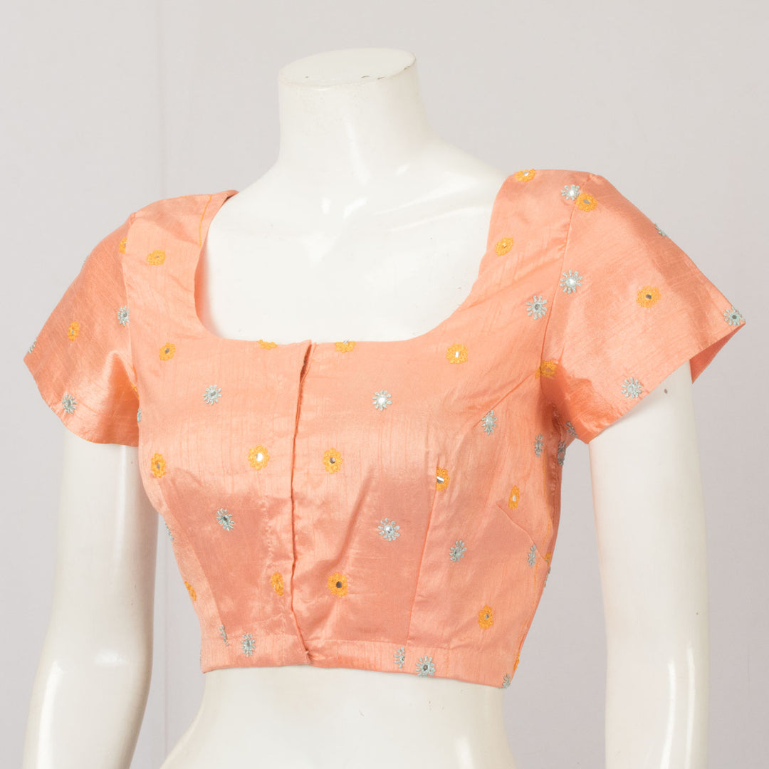 Peach Hand Embroidered Mirror Work Silk Blouse - Avishya