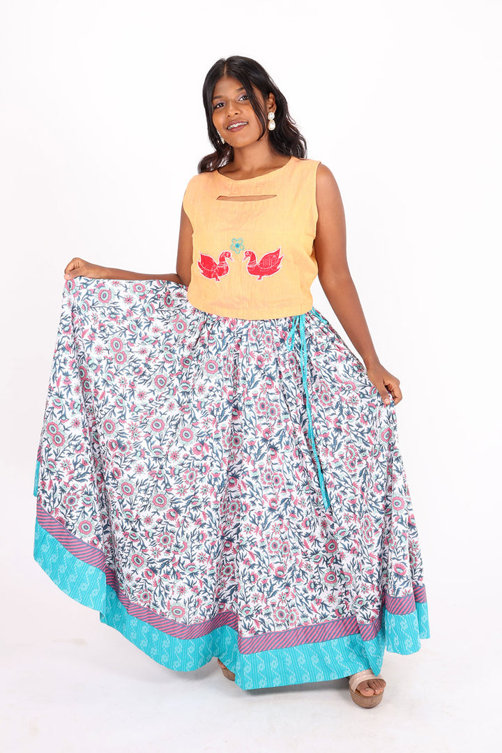 White Hand Block Printed Cotton Skirt 