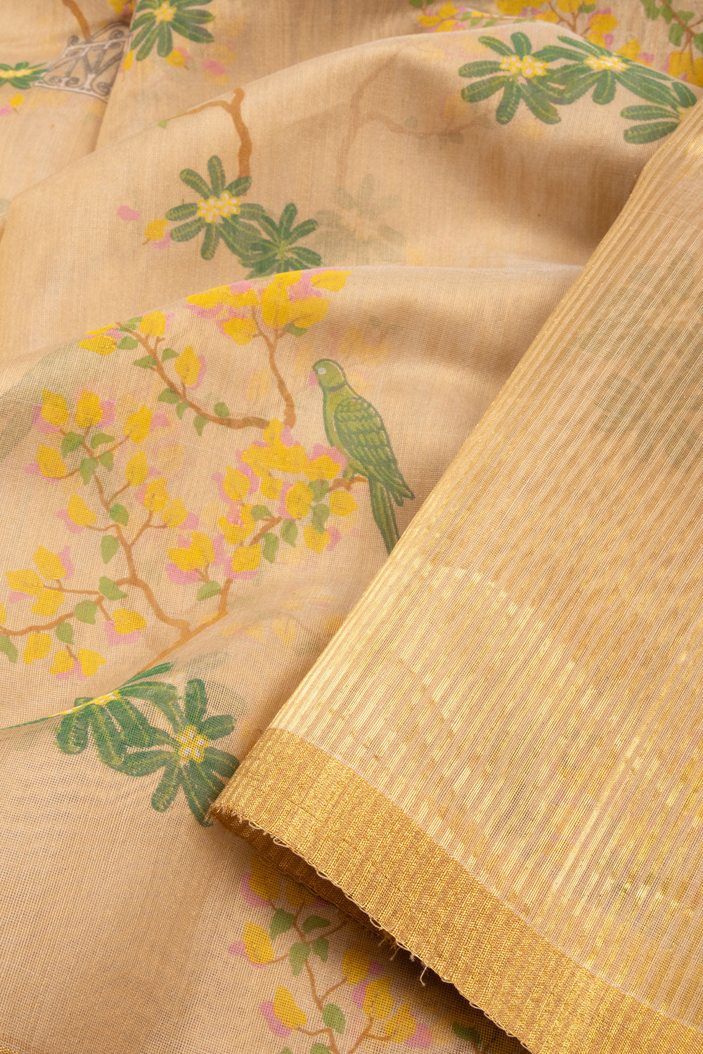 Sandal Handloom Printed Chanderi Silk Cotton Saree 