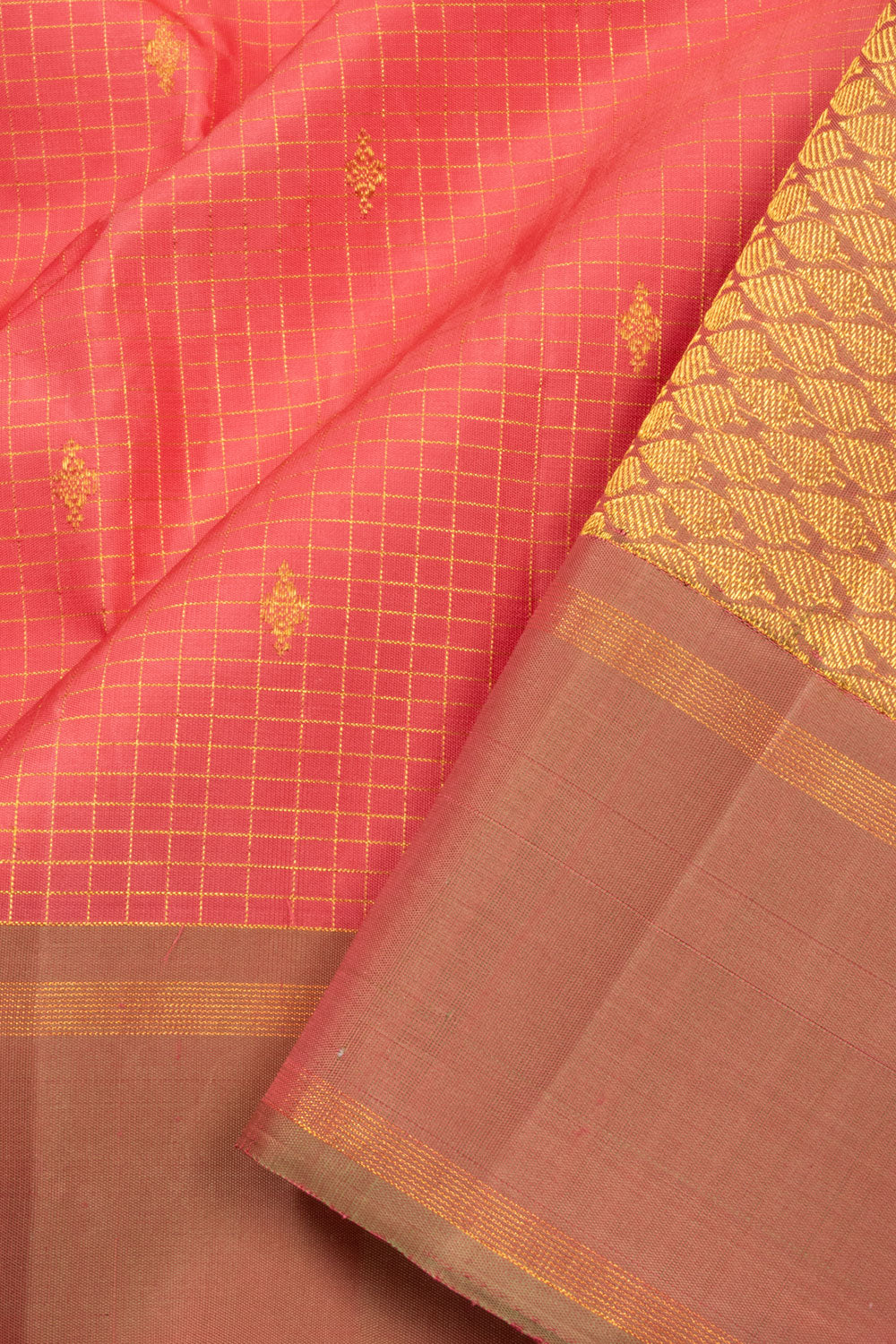 Reddish Orange Checked Kanjivaram Silk Saree 10070656