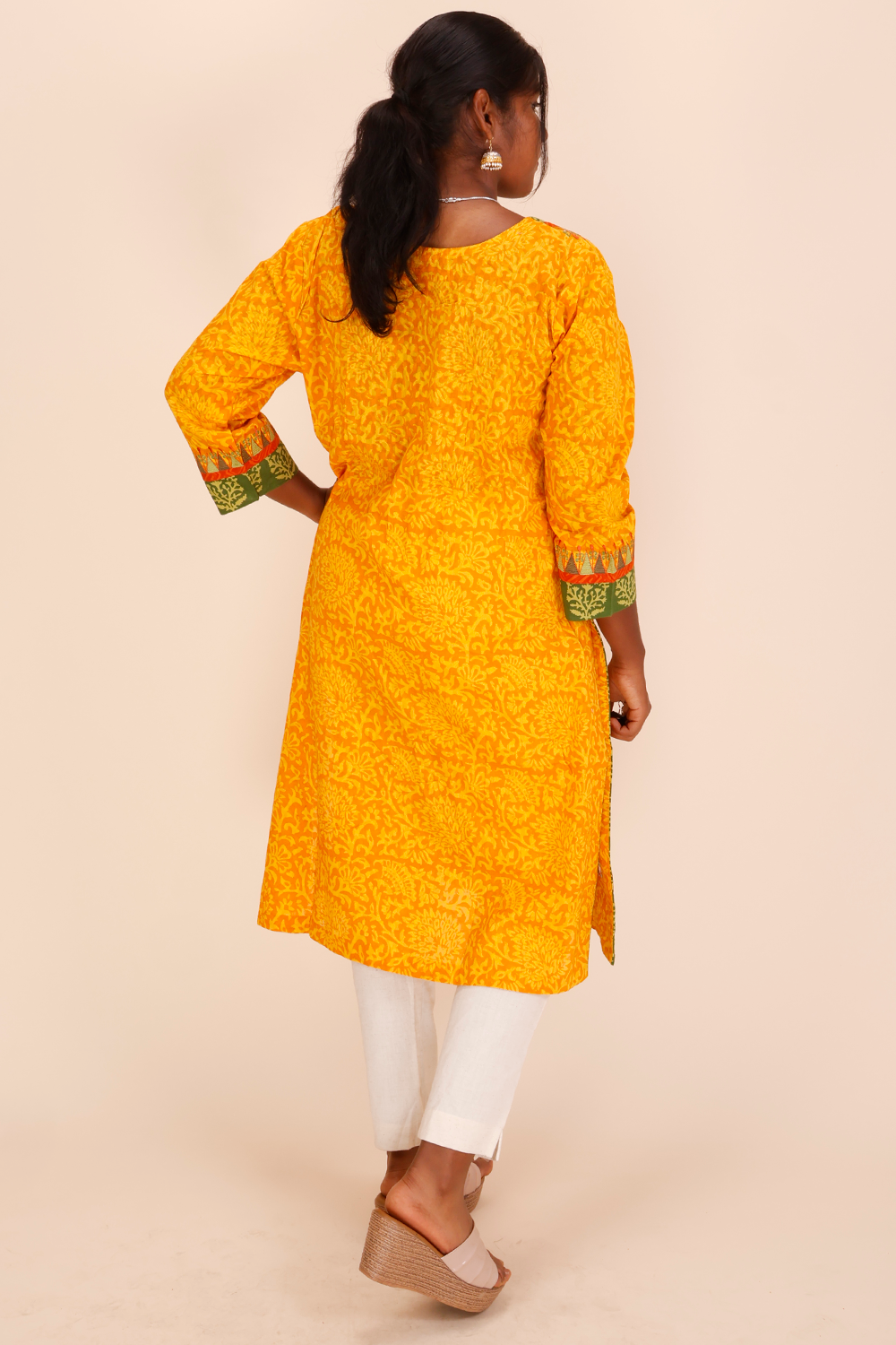 Yellow Hand Block Printed Cotton Kurta 10024564