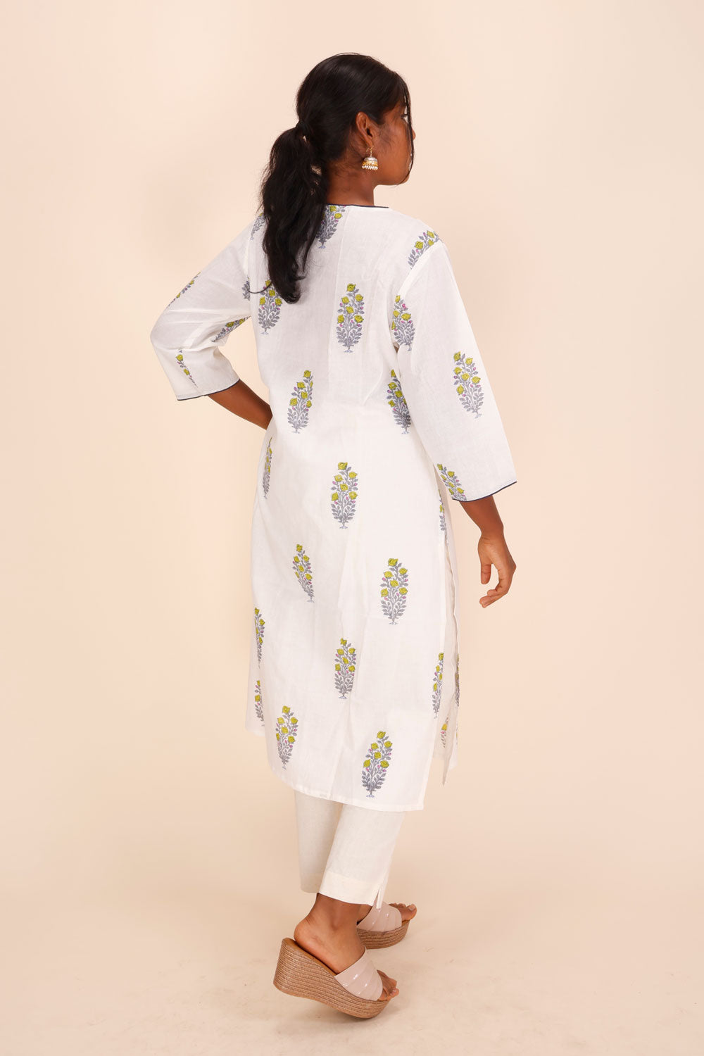 White Hand Block Printed Cotton Kurta 10024583