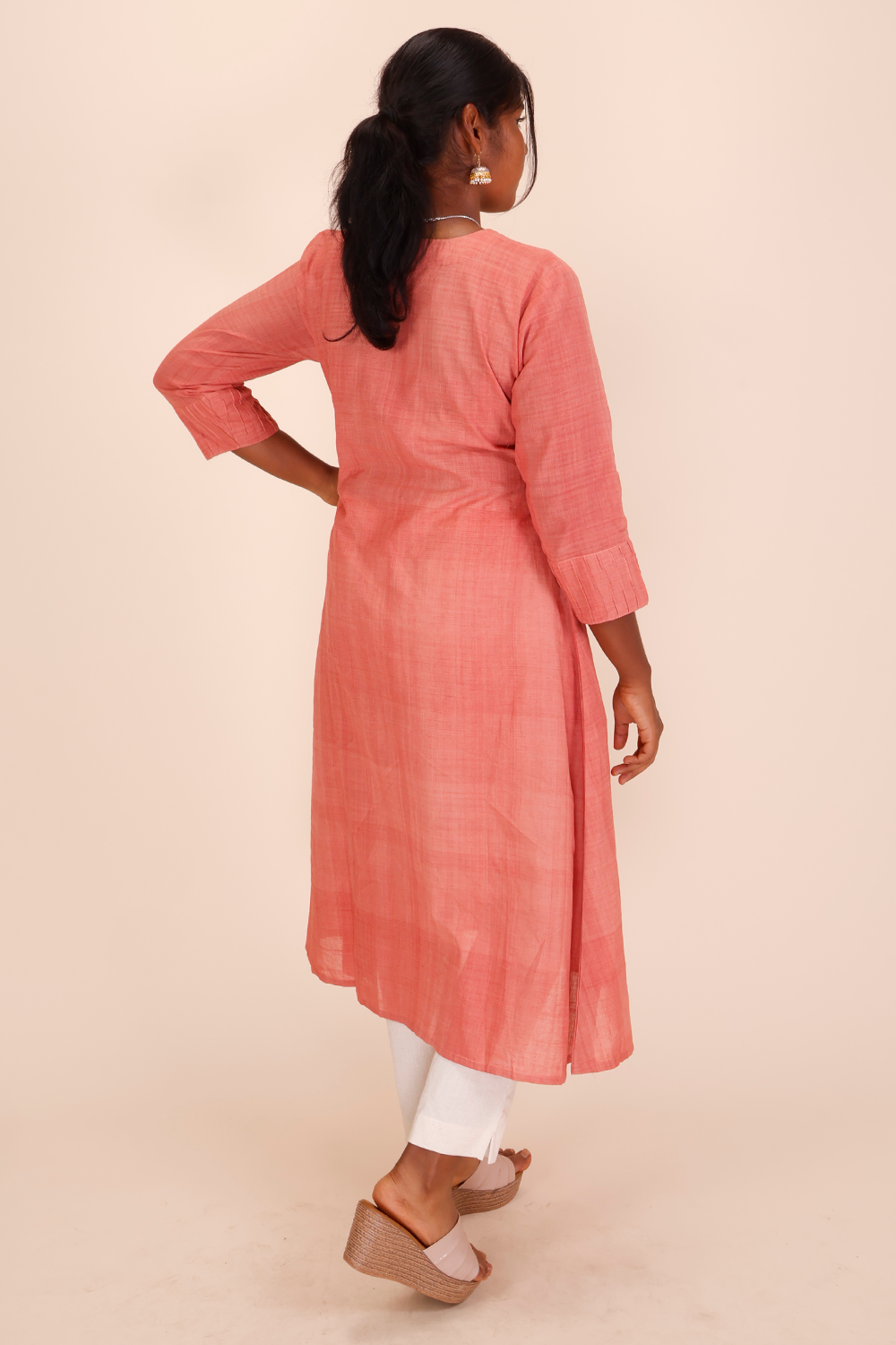 Peach Handcrafted Khadi Cotton Kurta 10039343