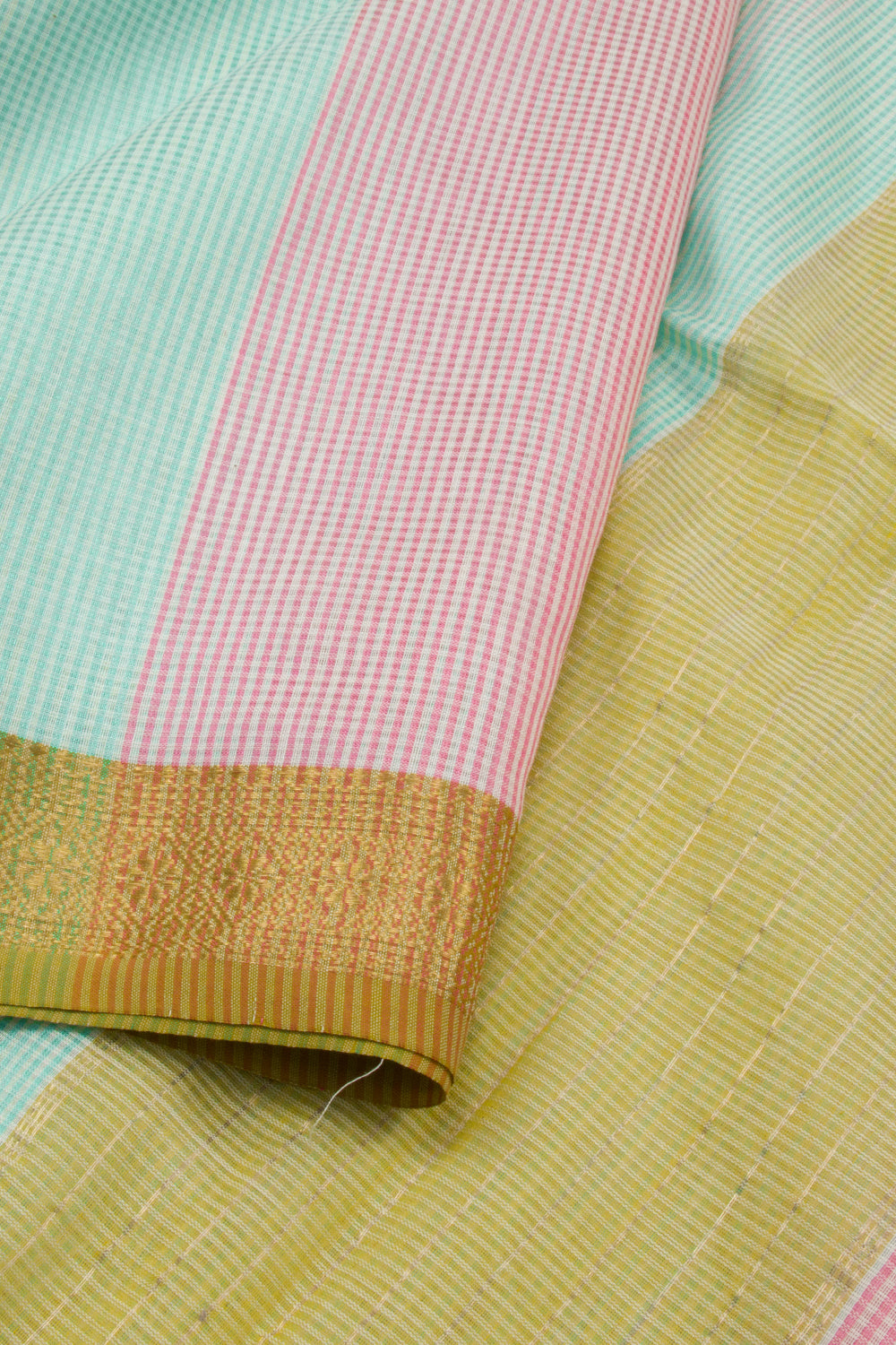 Pastel Green & Pink Handloom Maheswari Silk Cotton Saree 10062606