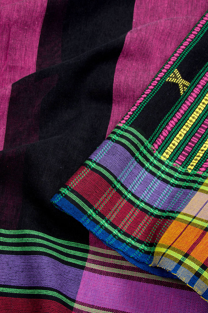 Raspberry Rose and Black Stripes Bhujodi Kala Cotton Saree 10062742