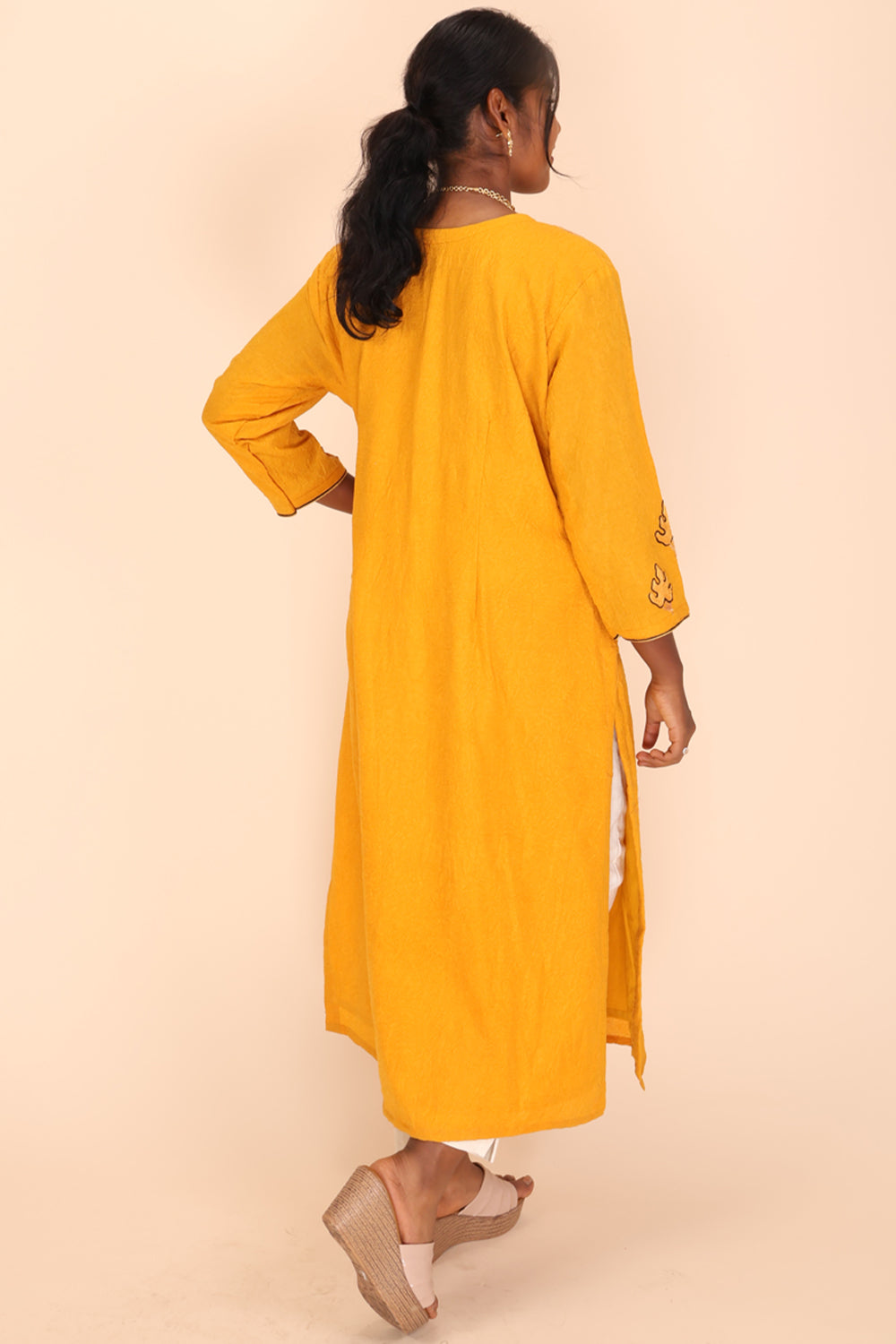Yellow Sozni Embroidered Tussar Cotton Kurta 10066286