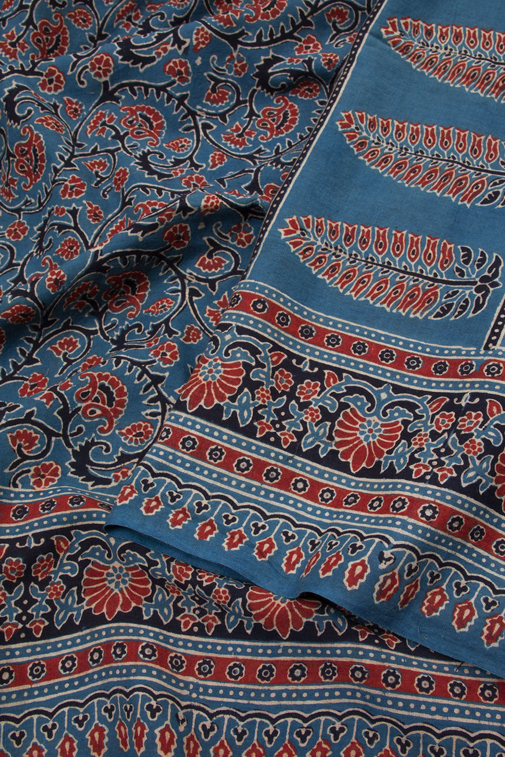 River Bed Blue Ajrakh Printed Handspun Cotton Saree 10062885