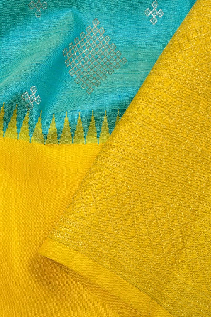 Yellow & Blue Pure Zari Korvai Kanjivaram Silk Saree 10063123