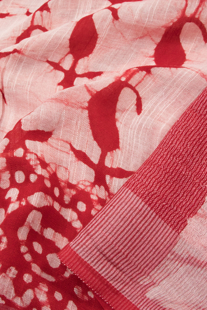 Red and Off White Batik Printed Linen Cotton Saree - 10063860