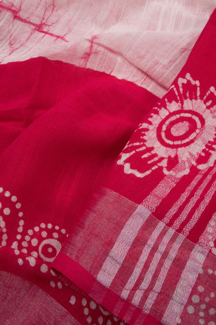 Pink with Off White Batik Printed Linen Cotton Saree - 10063862