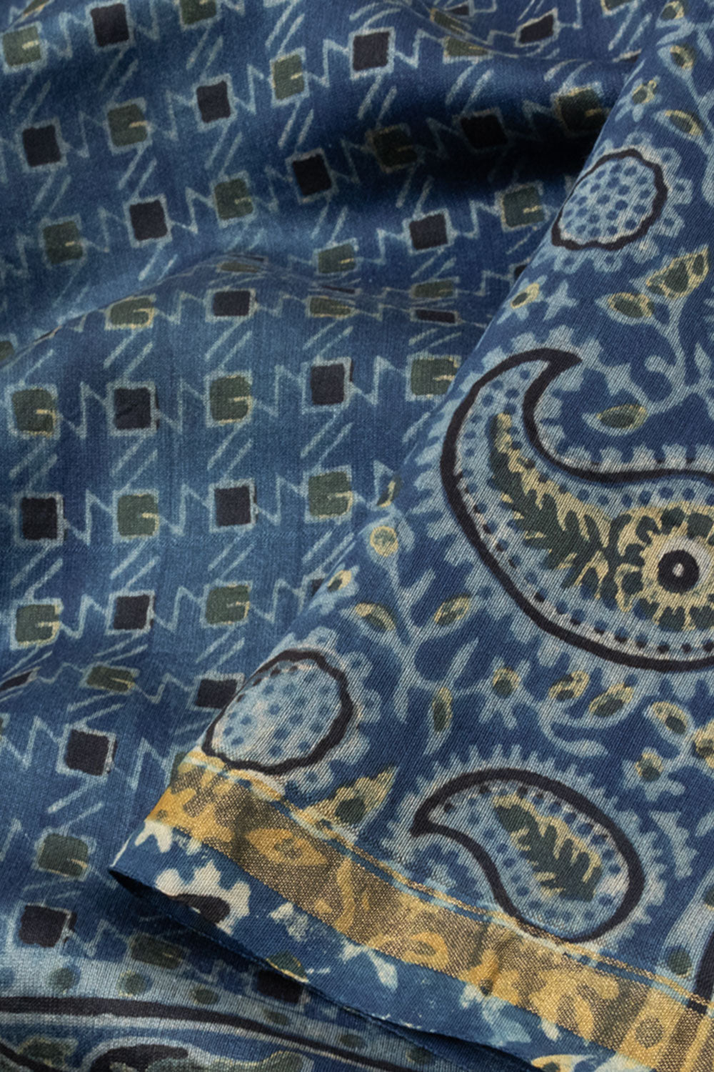 Indigo Blue Ajrakh Printed Silk Cotton Saree - Avishya