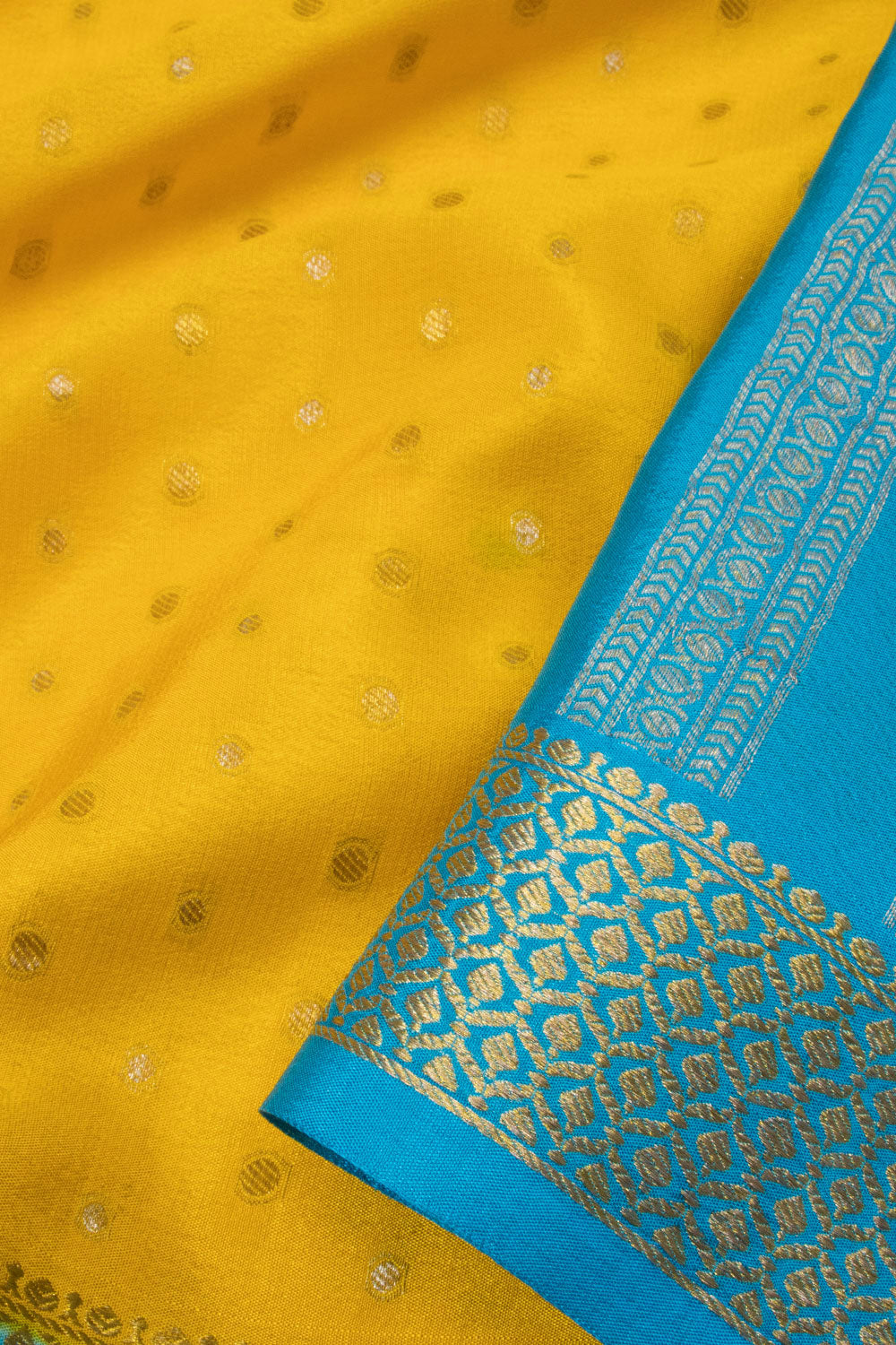 Yellow with Blue Mysore Crepe Silk Saree - 10064323