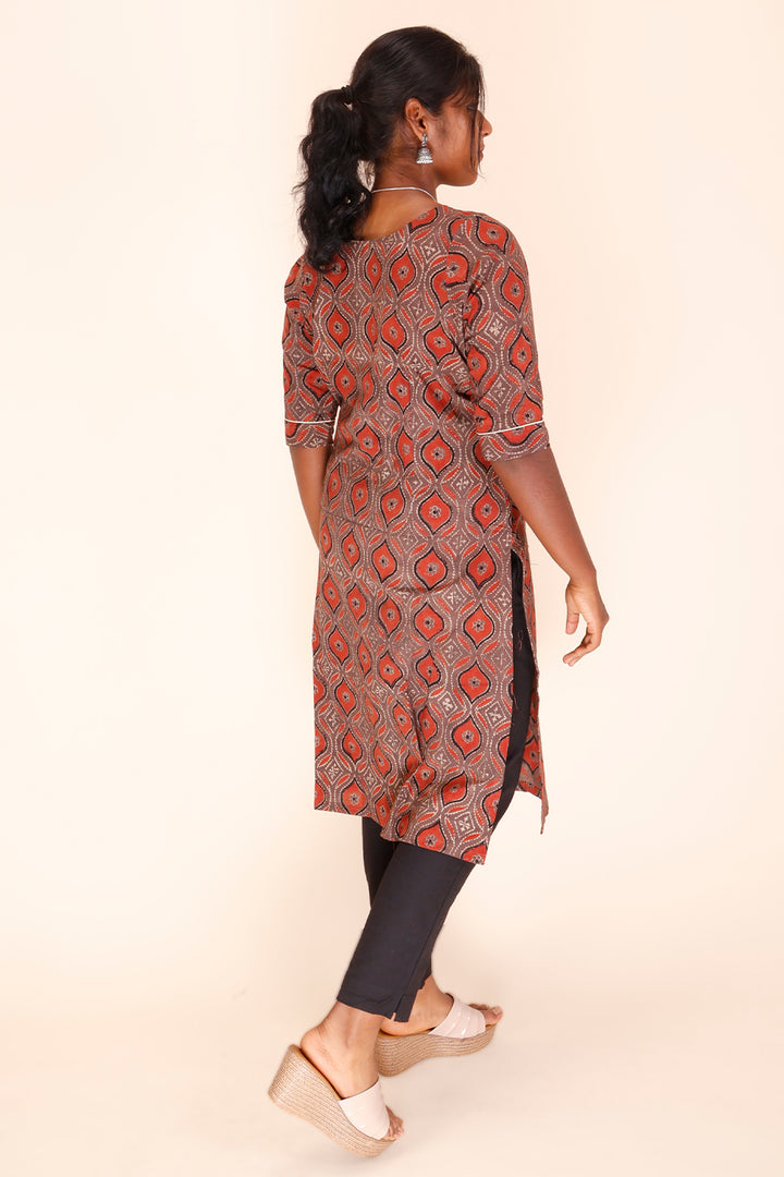 Red Ajrakh Printed Cotton Kurta 10064602