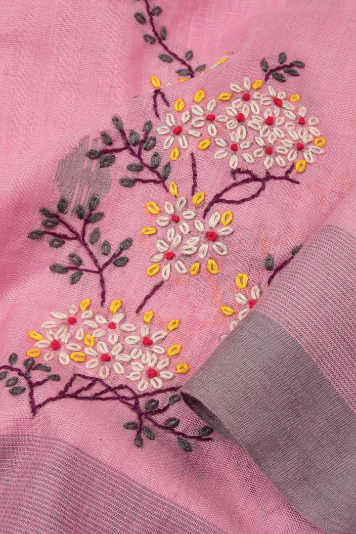 Pink Hand Embroidered Jamdani Silk Cotton Saree 10064696