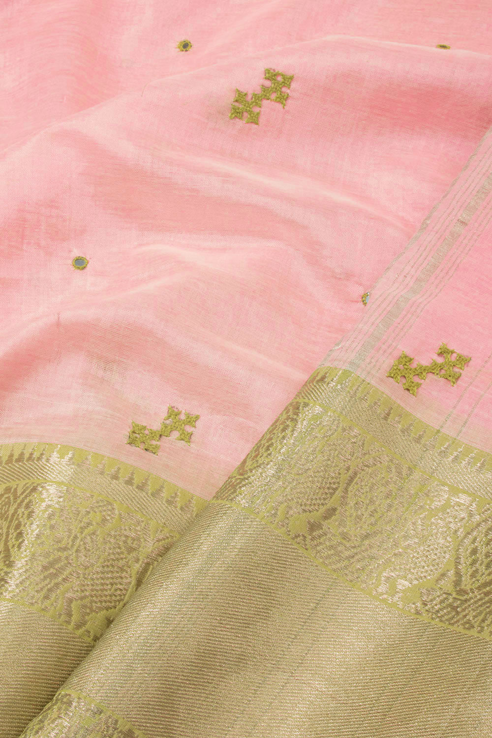 Pale Pink Mangalgiri Kutchi Embroidered Silk Cotton Saree - Avishya