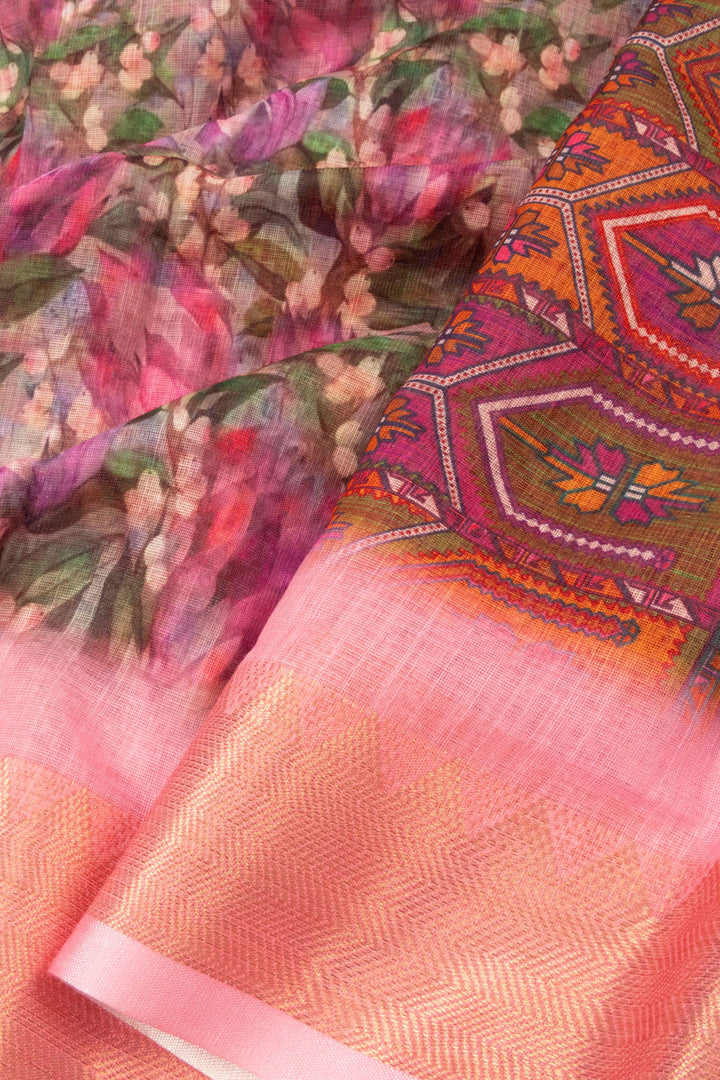 Pink Printed Linen Saree - Avishya