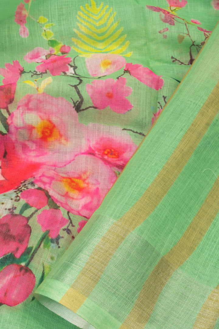 Sea Green Printed linen saree 10064861