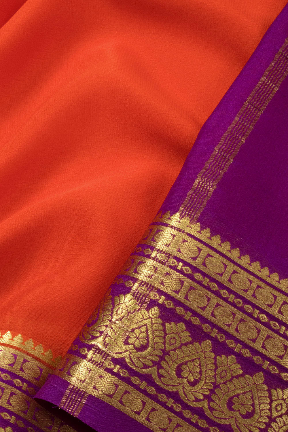 Buy Orange Blue Mysore Silk Crepe Saree With Small Border