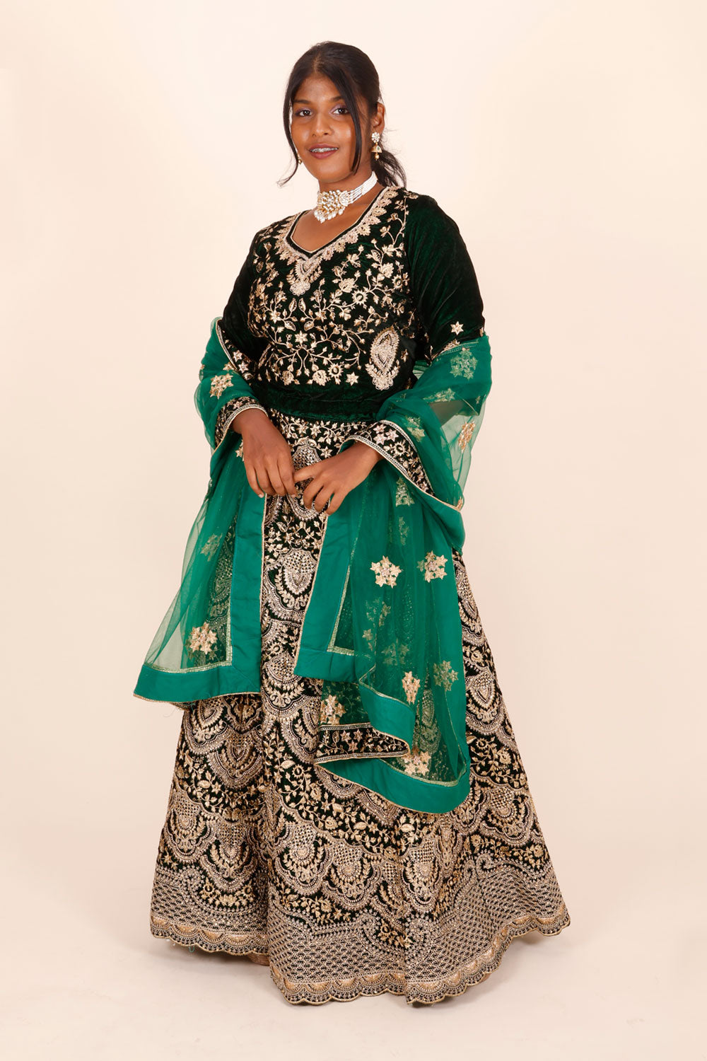 Green & Black Velvet Embroidered Lehenga 10066161