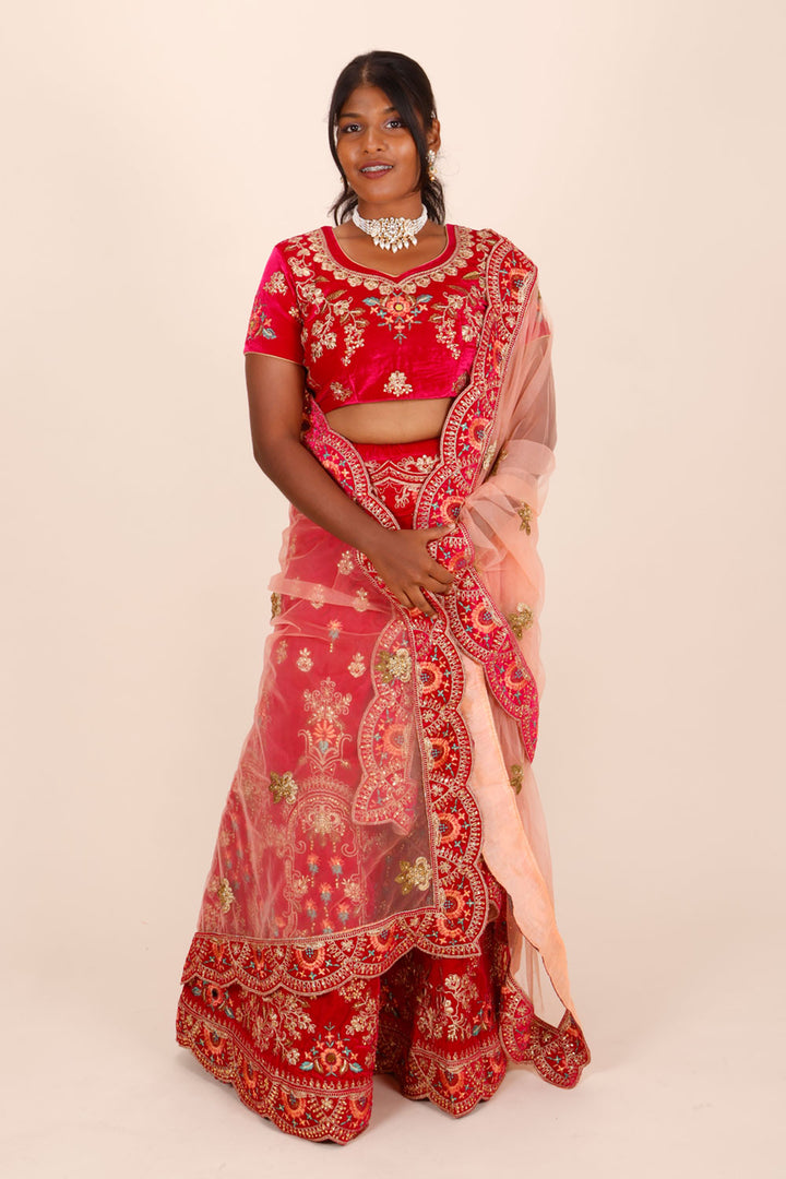 Red Shot Pink Net Silk Embroidered Lehenga 10066162