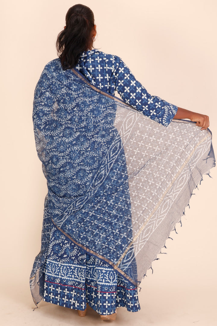 Blue Hand Block Printed Cotton Chaniya Choli With Kota Doria Dupatta