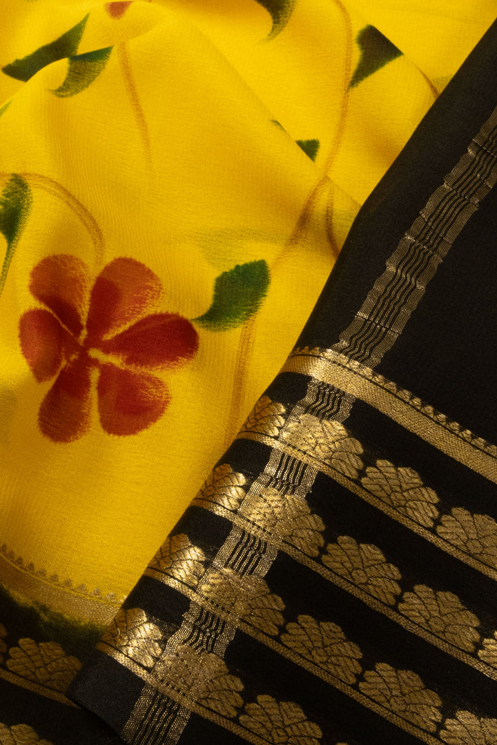 Yellow Hand Painted Mysore Crepe Silk Saree - Avishya