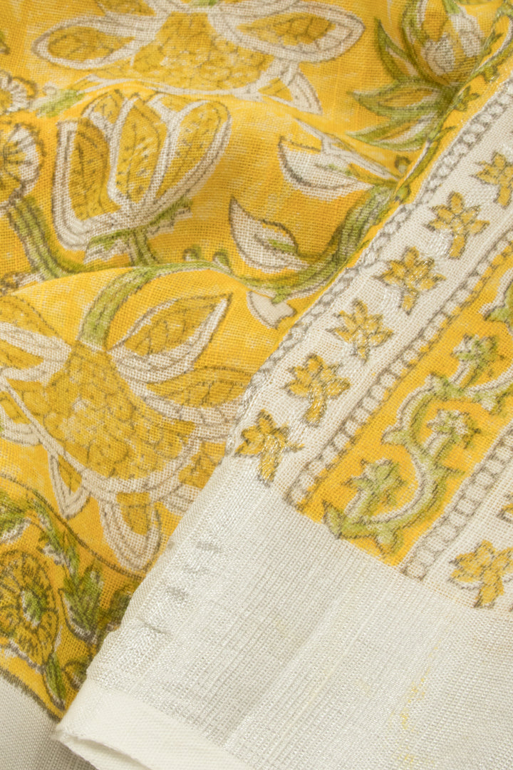 Yellow Hand Block Printed linen saree - Avishya