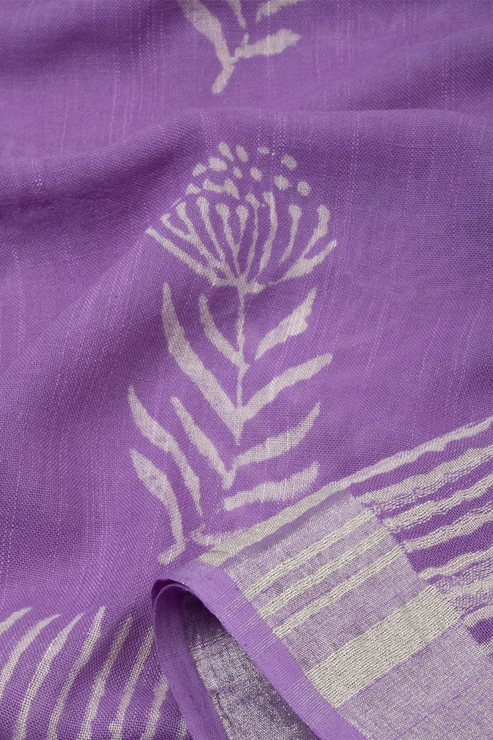 Purple Hand Block Printed Linen Saree - Avishya