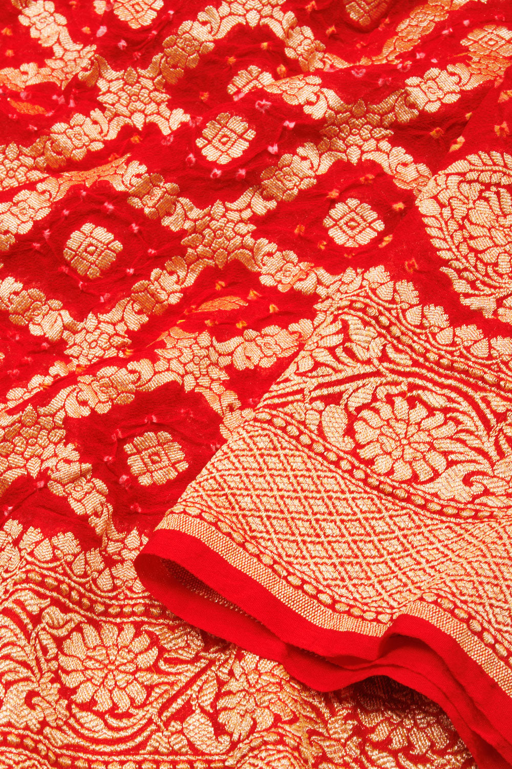 Red Handloom Banarasi Bandhani Khaddi Georgette Saree With Floral Jaal  Motifs